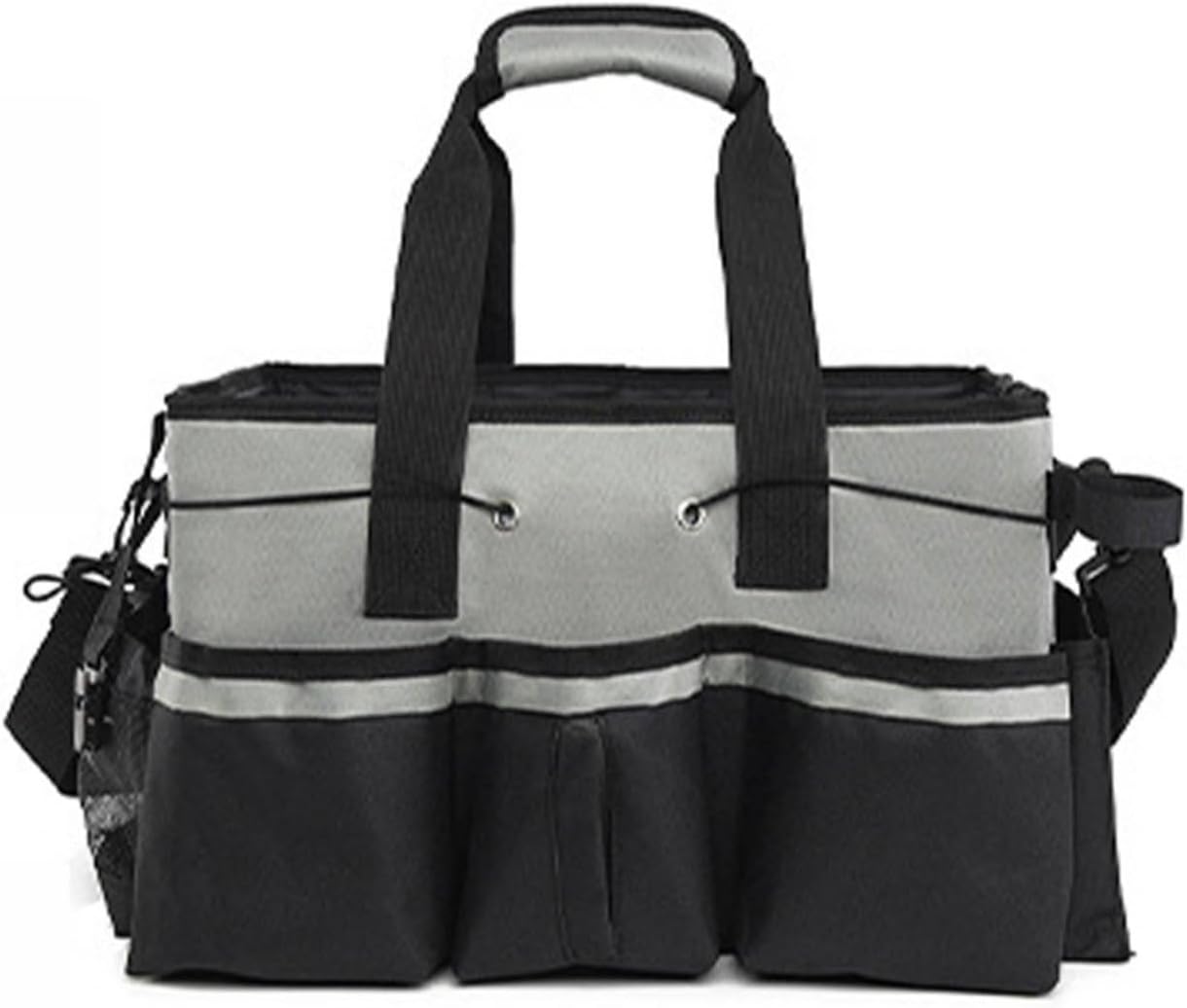 Qianly Sac Fourre-tout à Outils Multi-Poches Multifonctionnel Sacoche à Outils Portable Avec Bandoulière Compartiments Réglables Pour Voiture, Garage, Jardin, Blanc, Ns-214