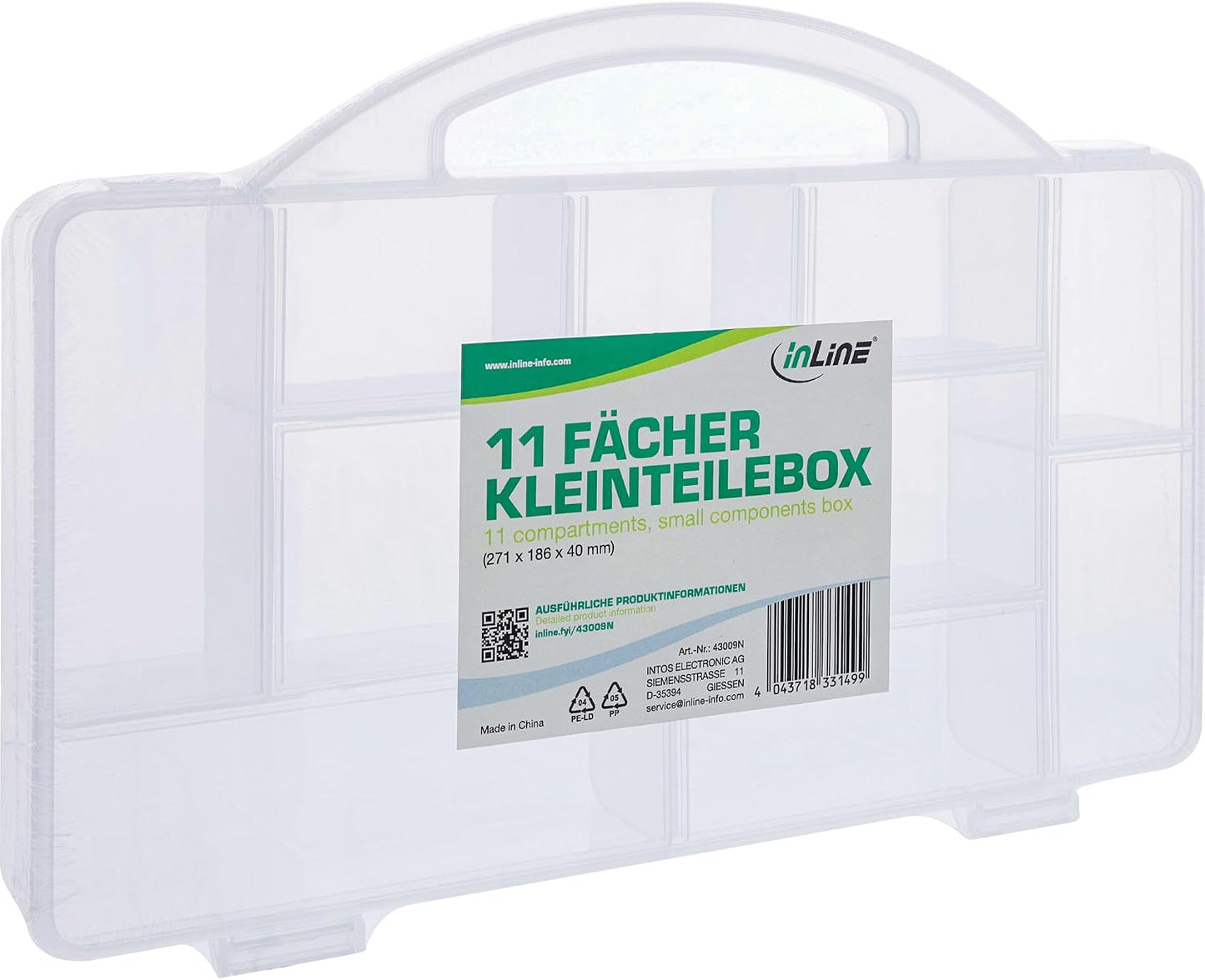 InLine® 43009N Boîte De Rangement Pour Petites Pièces, 11 Compartiments, Transparente, Pour Vis Et Accessoires, Avec Couvercle à Clip Et Poignée, Compacte Et Robuste