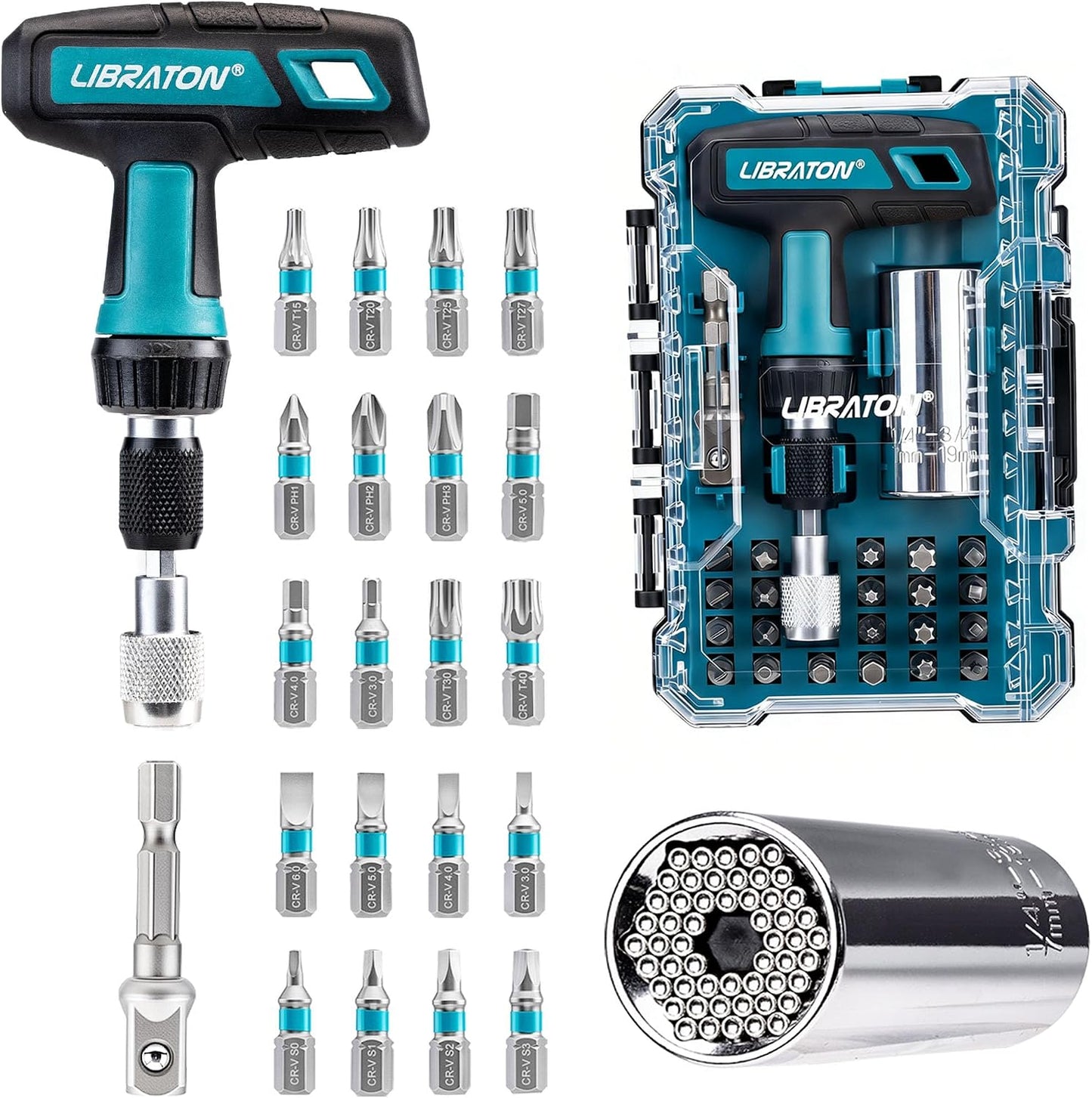 LIBRATON Ensemble De Cliquet Et De Douilles Mini 37 Pièces Avec Entraînement De 10,2 Mm, Embouts De 4–13 Mm, Manche Magnétique, Barres D’extension Et Joint Universel, Avec étui De Rangement Pour
