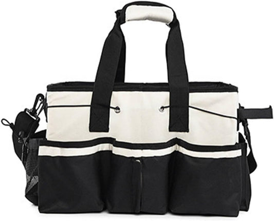  Qianly Sac Fourre-tout à Outils Multi-Poches Multifonctionnel Sacoche à Outils Portable Avec Bandoulière Compartiments Réglables Pour Voiture, Garage, Jardin, Blanc, Ns-214