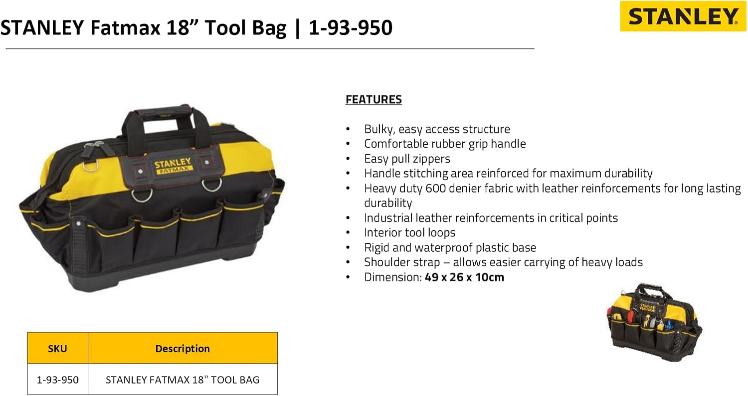  STANLEY FATMAX Sac à Outils Gamme - Base Rigide Et Résistante à L'Eau Avec Bandoulière Solide - Poignée Caoutchouc - Élastique Pour Outils - 49 X 26 X 10 Cm - 600 X 600 Deniers 1-93-950