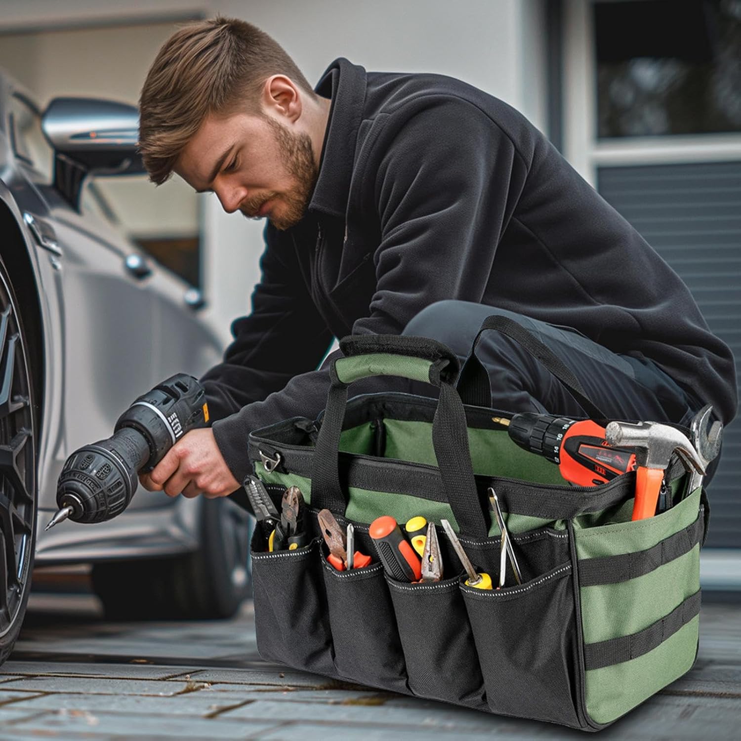  Sac De Rangement Pour Outils | Organiseur Portable Robuste – Sacs à Outils D'électricien à Large Ouverture Pour Homme, Mécanicien, électricien, Charpentier, Garage, Voyage, Réparation, Tournevis