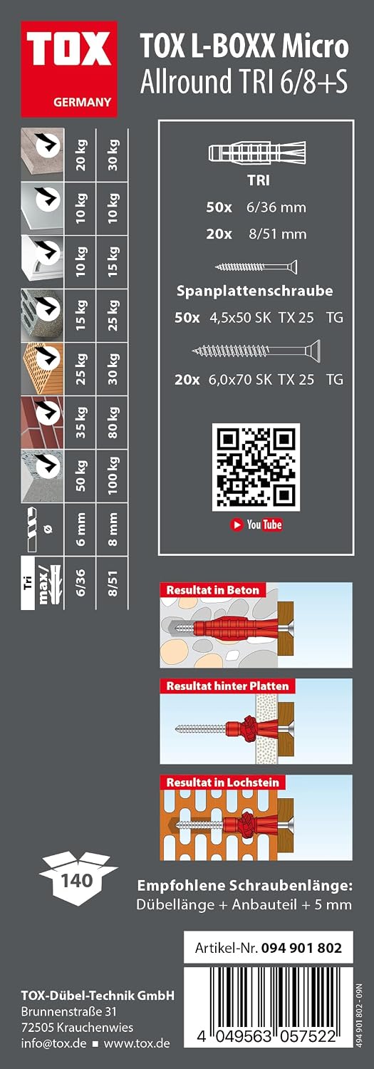  TOX L-BOXX Micro Allround Tri 6/8 + S En Boîte De Tri Empilable Et Encliquetable, Avec Chevilles Universelles TRI 6/36 Et 8/51 + Vis Adaptées, 140 Pièces, 094901802