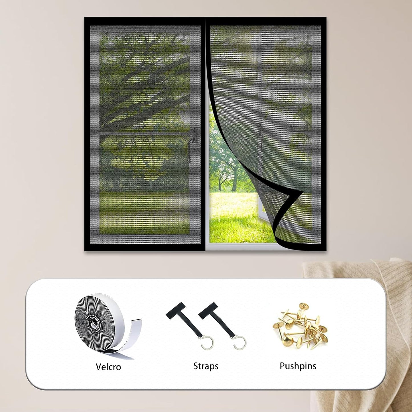  Moustiquaire Magnétique Pour Porte Fenêtre 143 X 126 Cm Anti-Mosquito Auto-Adhésif Rideau Sans Perçage Facile à Installer Pour Salon Fenêtre Balcon, Noir
