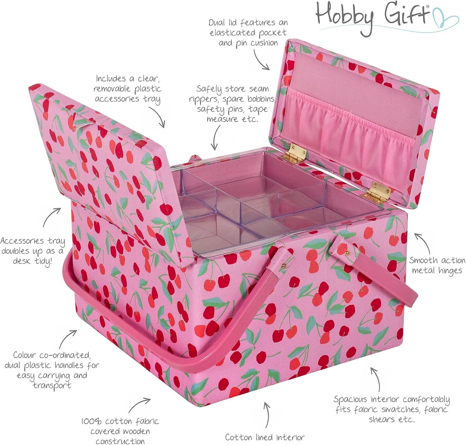  Hobby Gift Grande Boîte De Rangement à Double Couvercle Pour Couture, Passe-temps, Plateau Pour Accessoires, Poches Pour Coussin à épingles, Poignées En PVC, 25 X 25 X 17 Cm, Cerise