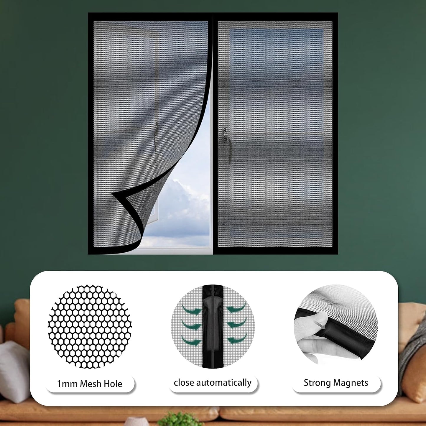  Magnetic Door Or Window Mosquito Net 86 X 113 Cm Self-Adhesive Mesh Curtain With Automatic Closing No Drilling For Corridors Windows Patio, Black