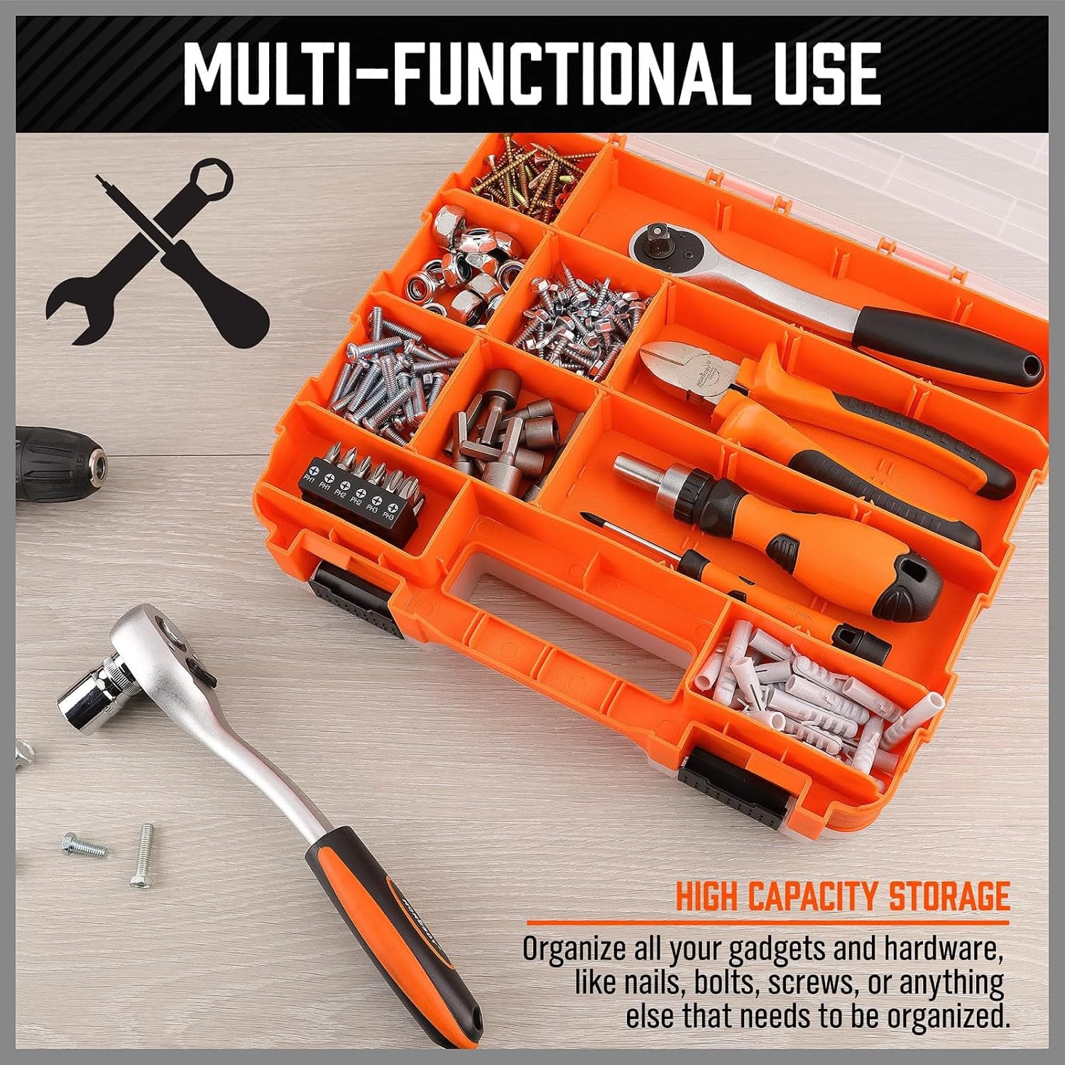  Boîte à Outils Portable – Mallette De Rangement Double Face à 34 Compartiments, Support Pour Forets Et écrous De Boulons Avec Couvercle Transparent, Organiseur En Plastique Dur Avec Fermeture Sécurisé