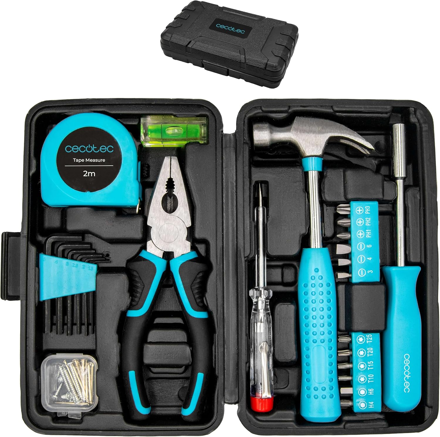  Cecotec Boîte à Outils 68 Pièces ToolBox EasyGo. Étui Ultra-compact Et Portable, Comprend Marteau, Mètre, Tournevis Et Plus, Organisation Interne Optimisée, Idéal Pour Maison Et Voiture